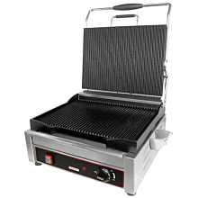 Cecilware Pro SG1LG240 Single Plus Commercial Panini Press with 14"W x 11"D Grooved Cast Iron Cooking Surface - 240v