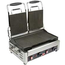 Cecilware Pro SG2LG Double Commercial Panini Press with Two 7-1/4"W x 9"D Grooved Cast Iron Cooking Surface - 240v