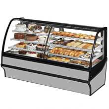 True TDM-DZ-77-GE/GE-S-W 77" Dual-Zone Stainless Steel Curved Glass / Glass End Refrigerated Display Merchandiser Case with White Interior