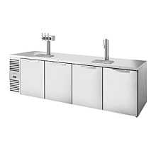 True TDR108-RISZ1-L-S-SSSS-1 108" Reach-In Four-Section Solid Door Stainless Steel Refrigerated Draft Bar Cooler with Two Tap Columns