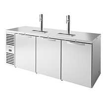 True TDR84-PTSZ1-L-S-SSS-SSS-1 84" Pass-Thru Three-Section Solid Door Stainless Steel Refrigerated Draft Bar Cooler with Two Tap Columns
