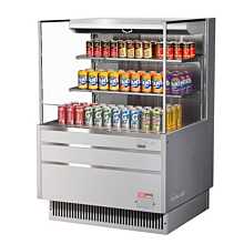 Turbo Air TOM-36L-UF-S-3S-N 36" Low Profile Stainless Steel Horizontal 2 Shelf Open Display Case w/ Glass Side Panel - 11 Cu. Ft.