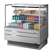 Turbo Air TOM-48L-UF-S-3S-N 47" Low Profile Stainless Steel Horizontal 2 Shelf Open Display Case w/ Glass Side Panel - 15 Cu. Ft.