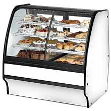 True TGM-DZ-48-SC/SC-W-W 48" Dual-Zone White Curved Glass / Solid Colored End Refrigerated Display Merchandiser Case with White Interior