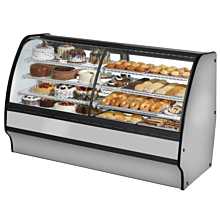 True TGM-DZ-77-SC/SC-S-W 77" Dual-Zone Stainless Steel Curved Glass / Solid End Refrigerated Display Merchandiser Case with White Interior