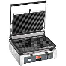 Cecilware Pro TSG1G Single Commercial Panini Press with 14-1/2"W x 10"D Grooved Cast Iron Cooking Surface - 110v