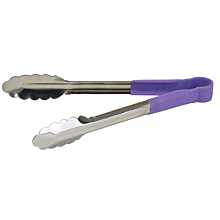 Winco UTPH-12P 12" Stainless  Steel Utility Tongs with Allergen-Free Purple Polypropylene Handle
