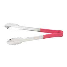 Winco UTPH-12R 12" Stainless  Steel Utility Tongs with Red Polypropylene Handle