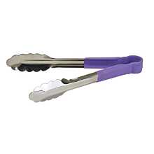 Winco UTPH-9P 9" Stainless Steel Utility Tongs with Allergen-Free Purple Polypropylene Handle,