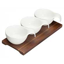 Winco WDP015-102 Ardesia Newry Porcelain Trio Bowl Set with Wooden Plate