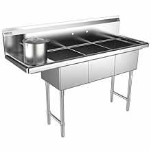 Three compartment stainless steel sink left drainboard