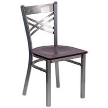 Flash Furniture HERCULES Series Clear Coated ''X'' Back Metal Restaurant Chair - Mahogany Wood Seat