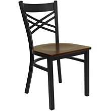 Flash Furniture HERCULES Series Black ''X'' Back Metal Restaurant Chair - Mahogany Wood Seat
