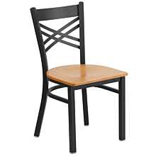 Flash Furniture HERCULES Series Black ''X'' Back Metal Restaurant Chair - Natural Wood Seat
