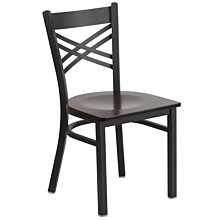 Flash Furniture HERCULES Series Black ''X'' Back Metal Restaurant Chair - Walnut Wood Seat