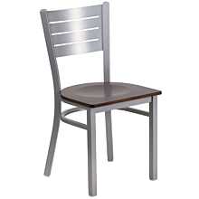 Flash Furniture HERCULES Series Silver Slat Back Metal Restaurant Chair - Walnut Wood Seat