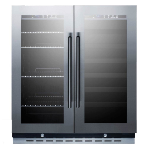 Summit SWBV3067B 30" Built-in Undercounter Dual Zone Wine and Craft Beer Cooler with Locks, Sand Glass Doors in a French Door Swing
