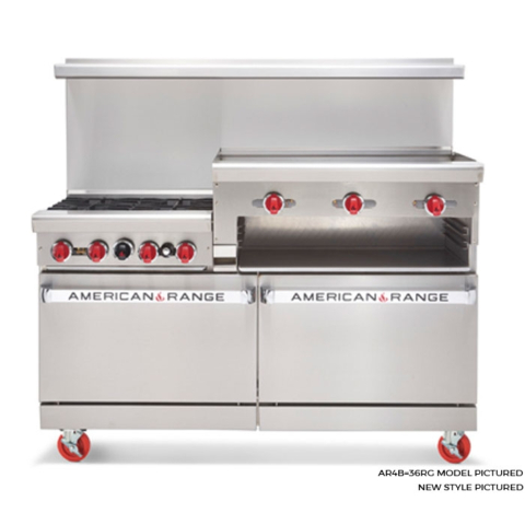 American Range AR-4B-24RG-NG 48" 4 Burner & 24" Raised Griddle Heavy-Duty Restaurant Range with 2 Ovens - Natural Gas 222,000 BTU