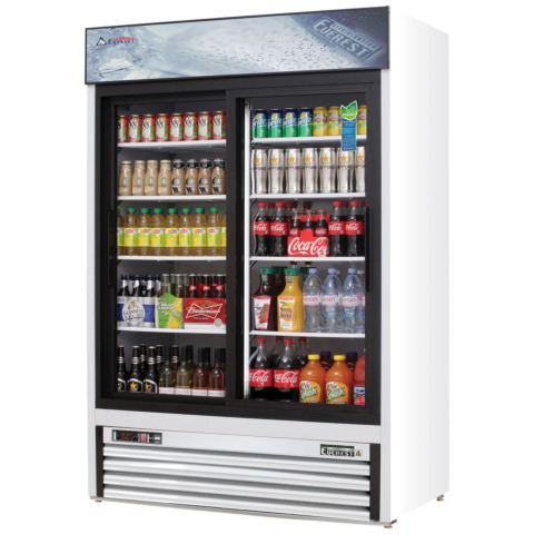 Everest EMGR48 53" White Two Section Sliding Glass Door Bottom Mounted Merchandisers Refrigerator, 48 Cu. Ft.