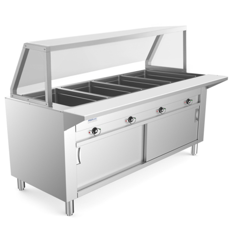 Prepline 60" Four Well Electric Hot Food Steam Table with Sneeze Guard and Enclosed Base - 120V