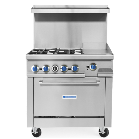 Standard Range SR-R36-12MG-NG 36" Natural Gas Commercial Range with 4 Burners, 12" Griddle Top, 1 Oven - 153,000 BTU