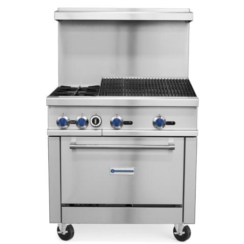 Standard Range SR-R36-24CB-NG 36" Natural Gas Commercial Range with Char-Broiler Top, 2 Burners, 1 Oven - 163,000 BTU