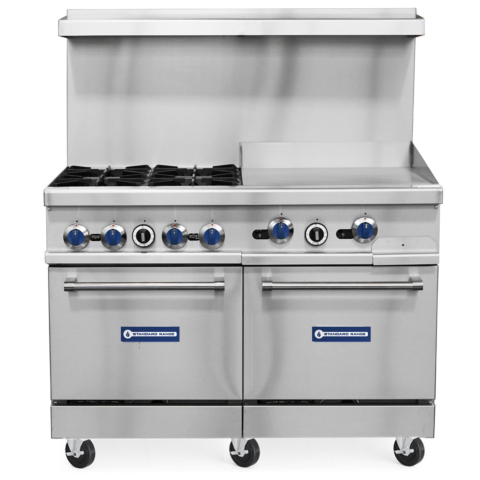 Standard Range SR-R48-24MG-NG 48" Natural Gas Commercial Range with 4 Burners, 24" Griddle Top, 2 Ovens - 246,000 BTU