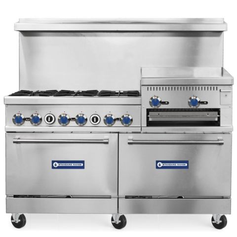 Standard Range SR-R60-24RG-NG 60" Natural Gas Commercial Range, 6 Burner, 2 Oven, 24" Raised Griddle / Broiler - 306,000 BTU   