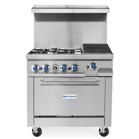 Standard Range SR-R36-12CB-LP 36" Liquid Propane Commercial Range with 12" Char-Broiler Top, 4 Burners, 1 Oven - 188,000 BTU