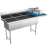 Prepline 74" Stainless Steel Three Compartment Commercial Sink with Right Drainboard - 18" x 18" Bowls