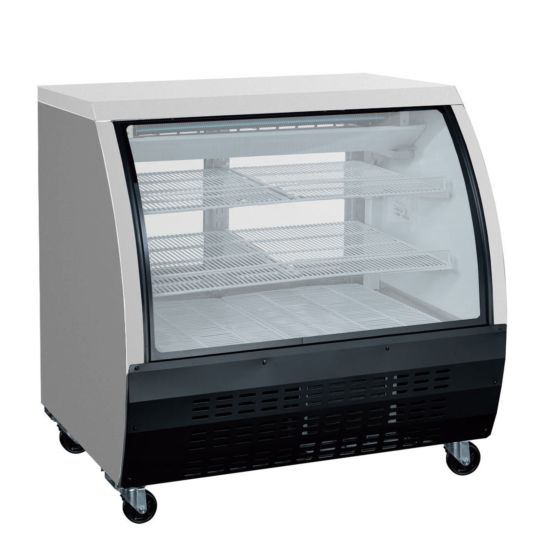 New 36 Xiltek Commercial All Stainless Steel Curved Glass Refrigerated Deli Case Display Case With LED Lighting And Casters 