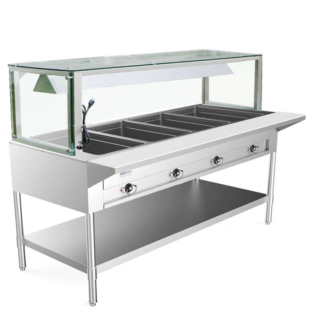 Prepline 60" Four Well Electric Hot Food Steam Table with Lighted Sneeze Guard and Undershelf - 110V
