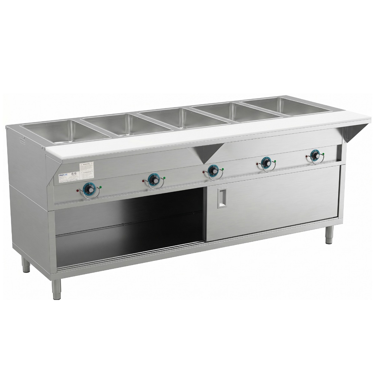 Prepline 74" Five Pan Sealed Well Electric Hot Food Steam Table with Enclosed Base and Sliding Doors - 208/240V, 3700W