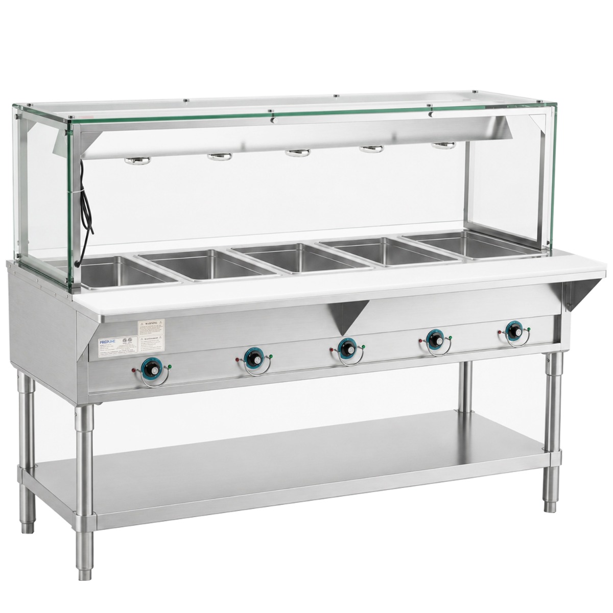 Prepline 74" Five Well Electric Hot Food Steam Table with Lighted Sneeze Guard and Undershelf - 208/240V, 3750W