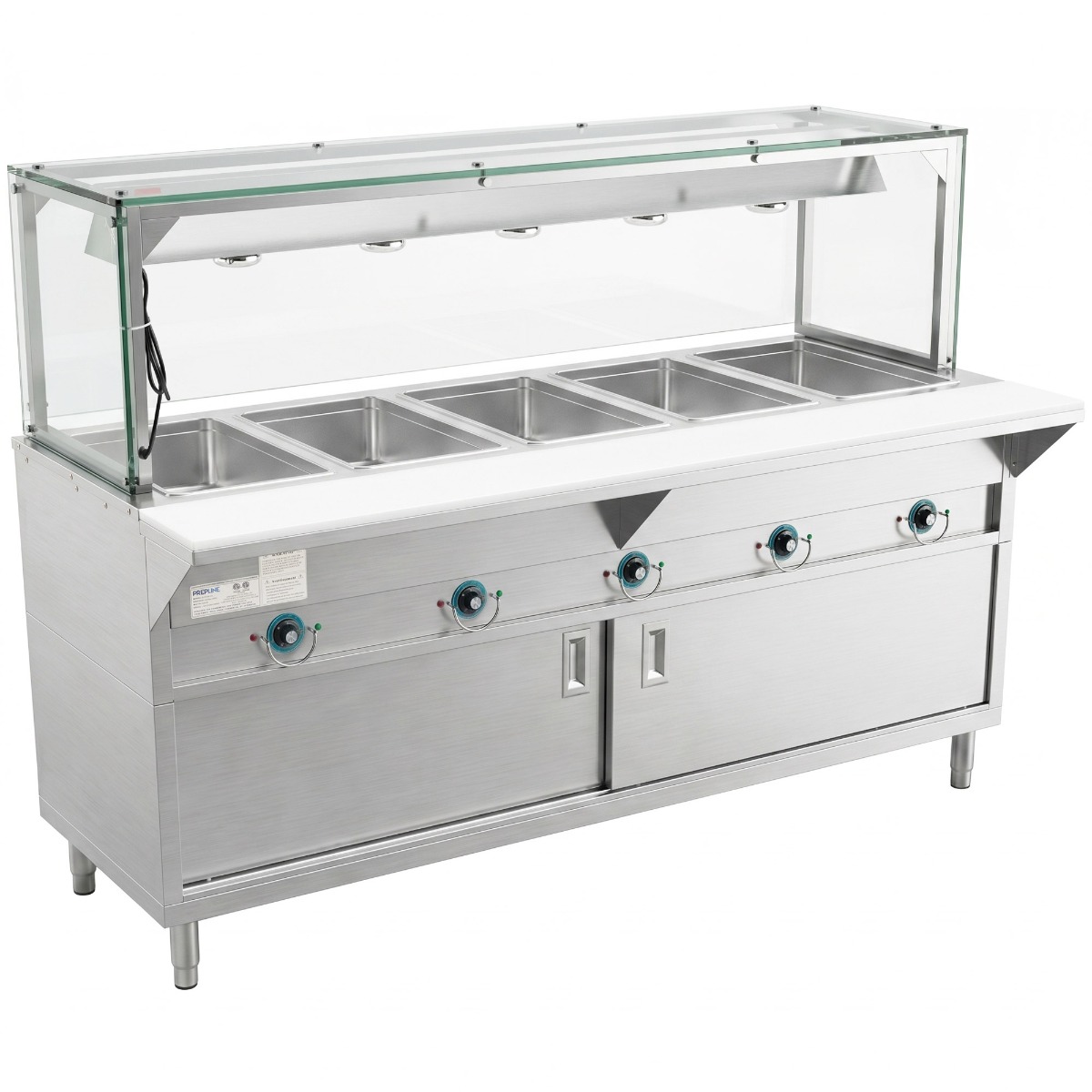 Prepline 74" Five Pan Sealed Well Electric Hot Food Steam Table with Lighted Sneeze Guard and Enclosed Base - 208/240V, 3750W