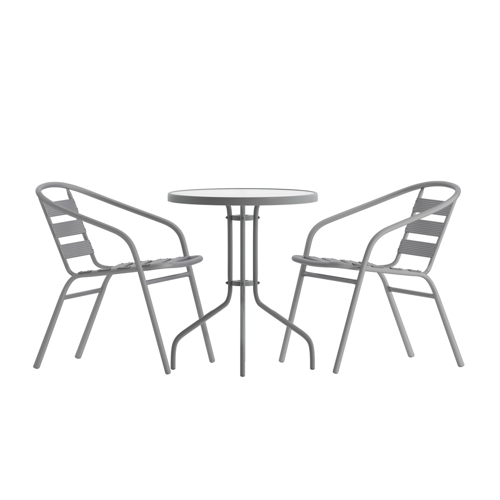 Flash Furniture TLH-071RD-017CSV2-GG 23.75" Round Glass Top Metal Table with 2 Silver Aluminum Slat Stack Chairs