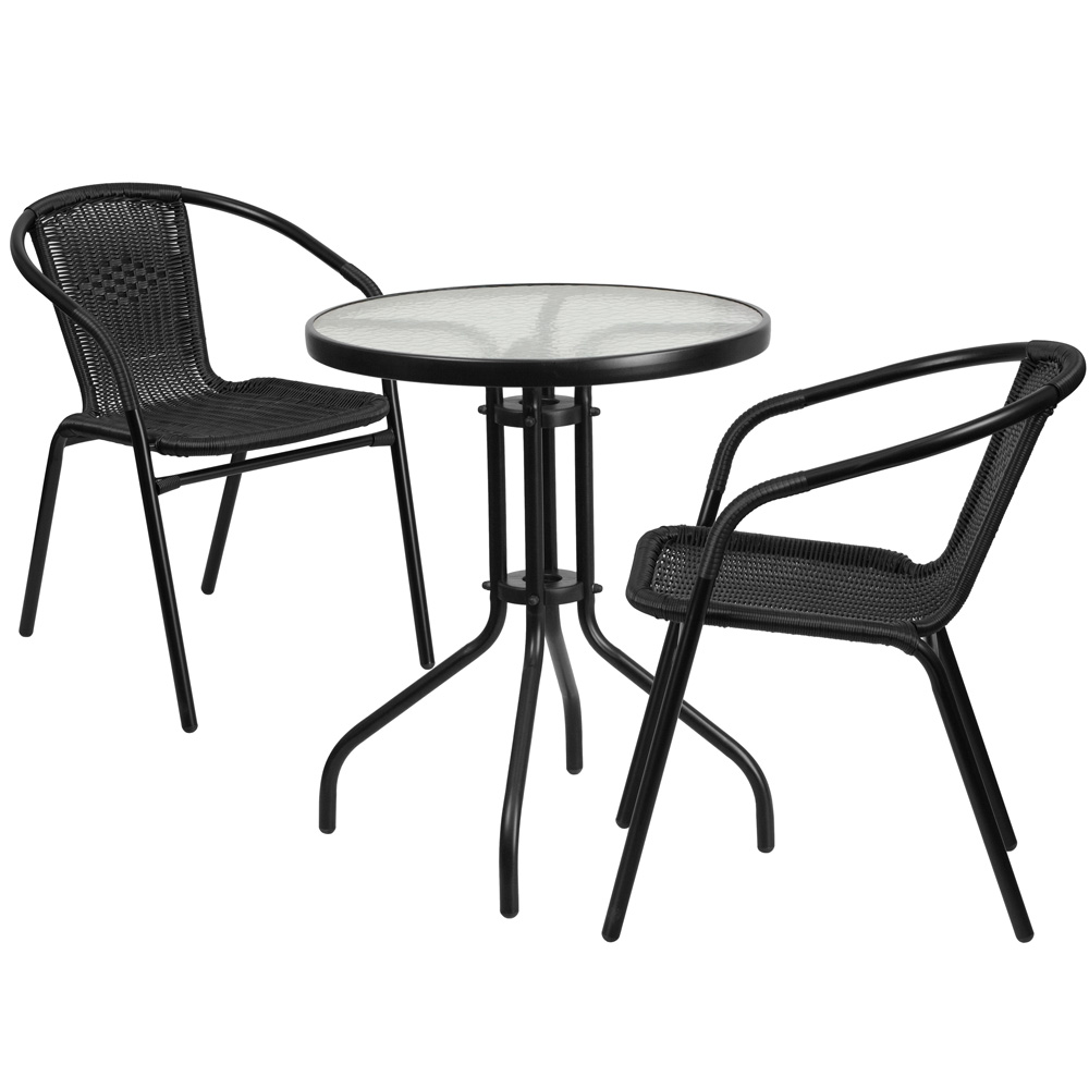 Flash Furniture TLH-071RD-037BK2-GG 23.75" Round Glass Metal Table with 2 Black Rattan Stack Chairs