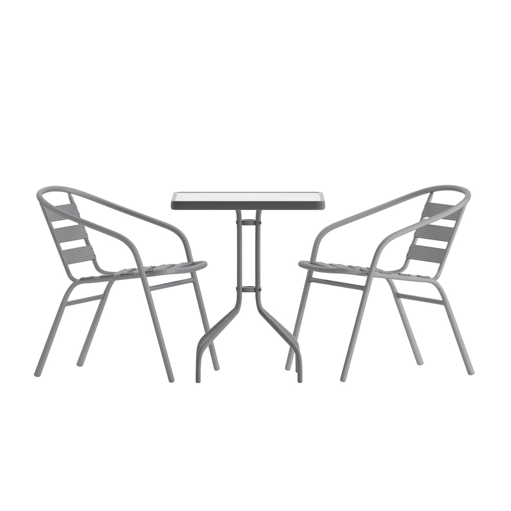 Flash Furniture TLH-0731SQ-017CSV2-GG 23.5" Square Glass Top Metal Table with 2 Silver Aluminum Slat Stack Chairs