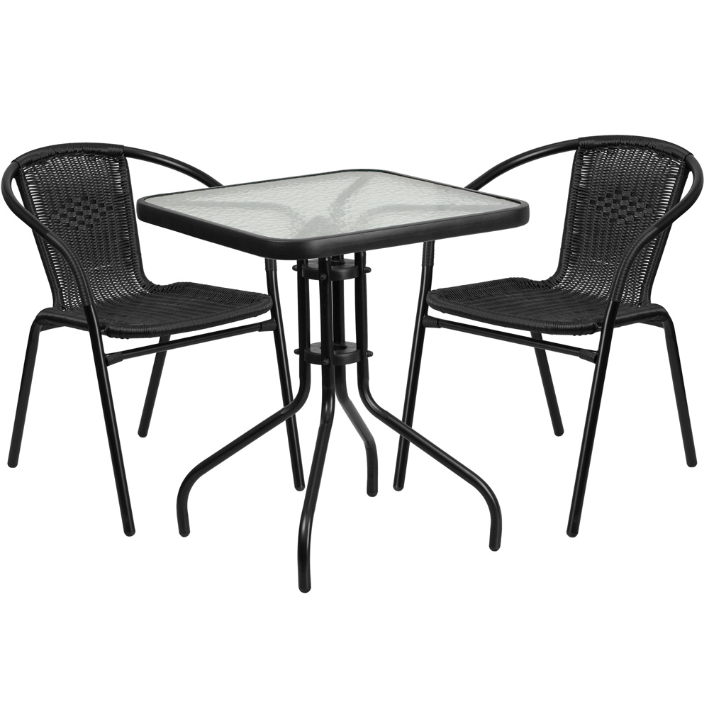 Flash Furniture TLH-0731SQ-037BK2-GG 23.5" Square Glass Metal Table with 2 Black Rattan Stack Chairs