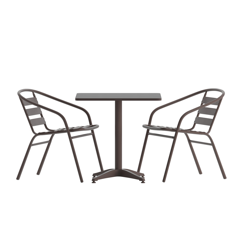 Flash Furniture TLH-ALUM-24SQ-017BZ2-GG 23.5" Bronze Square Aluminum Indoor-Outdoor Table Set with 2 Bronze Slat Back Chairs