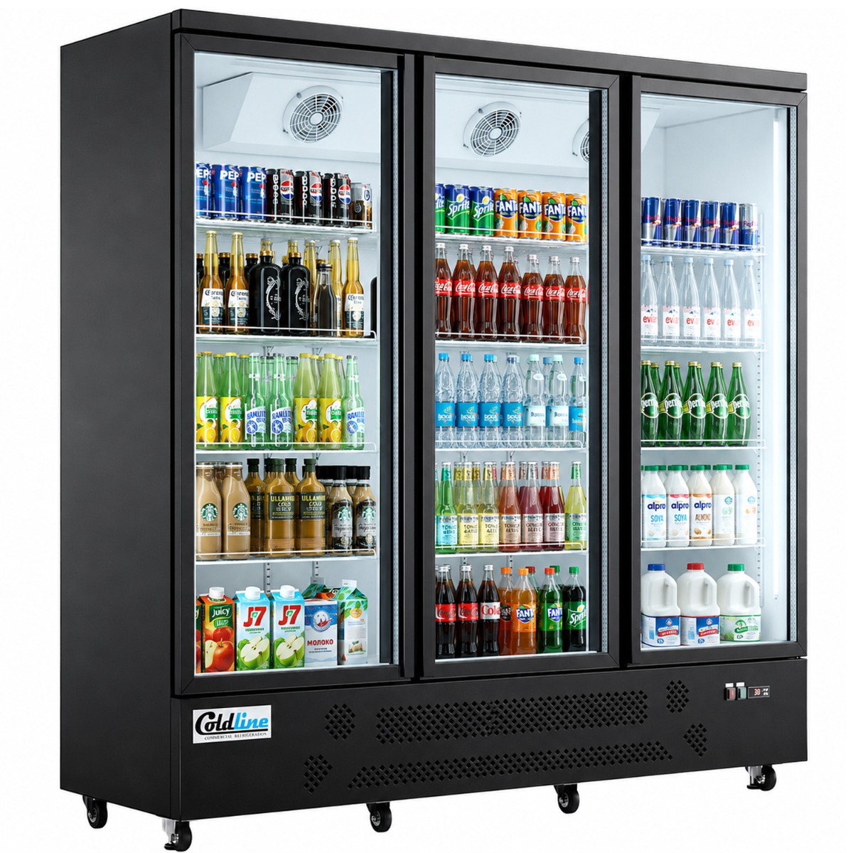 Coldline G3-B 74" Three Glass Door Merchandiser Refrigerator with LED Lighting, Black