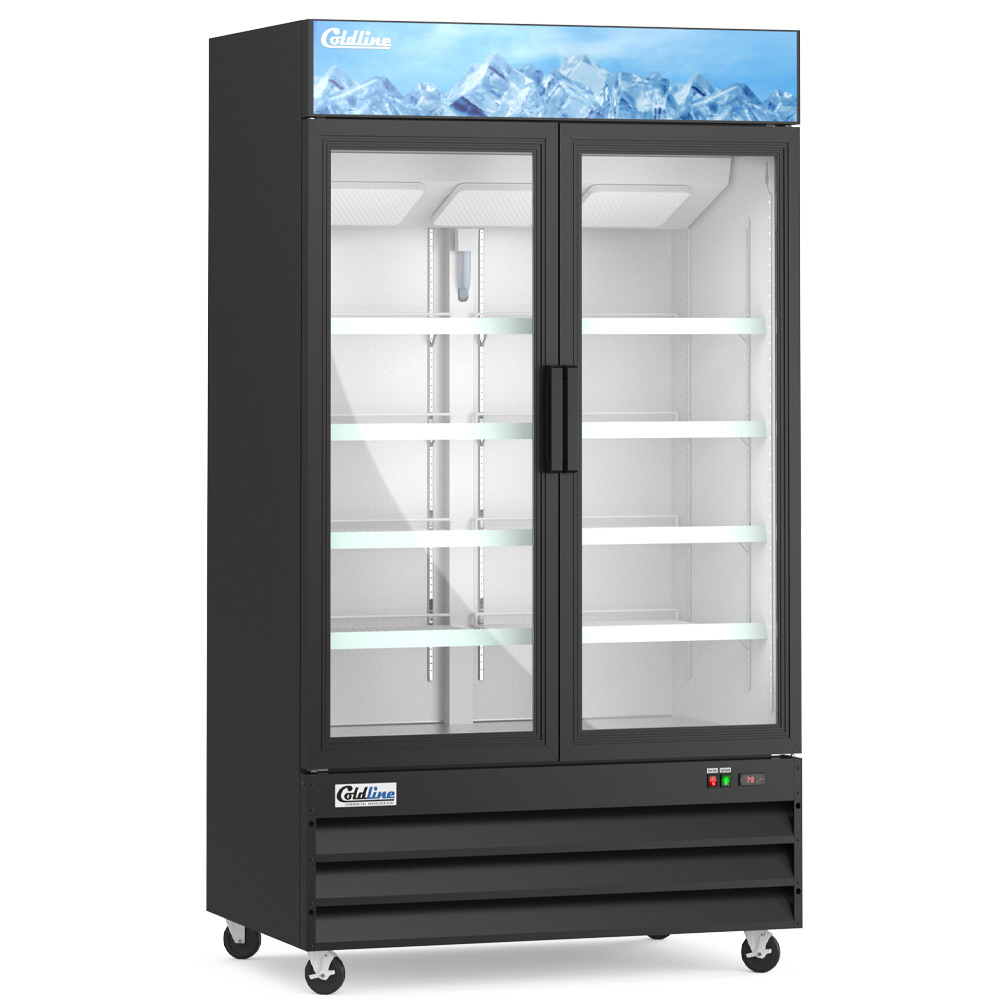 Coldline G48-B 48" Two Glass Door Merchandiser Refrigerator with LED Lighting - Black (NEW OUT OF BOX WITH DENT ON TOP FRAME, DENT ON BOTTOM PANEL, AND SCRATCH ON HANDLES OF UNIT)