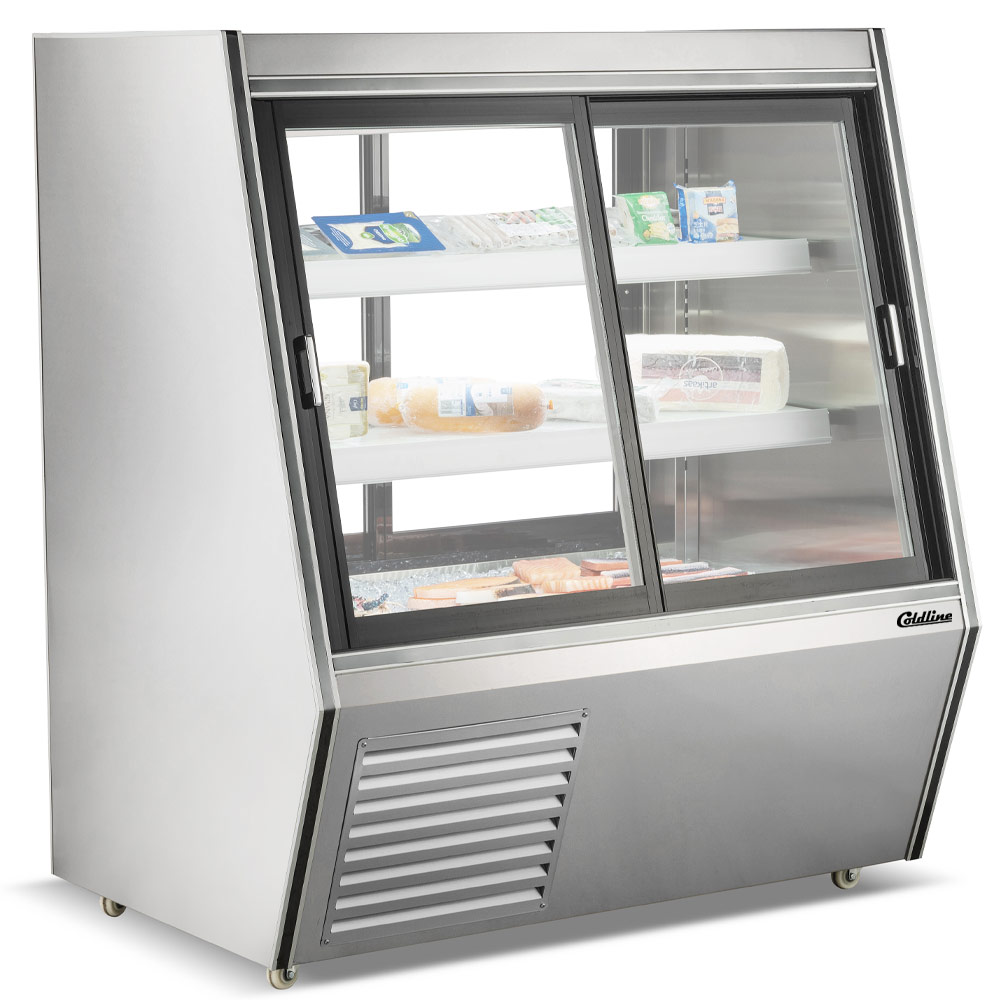 Coldline HDL48-DS 48" Dual Service Refrigerated High Meat Deli Case with Rear Storage, Front and Rear Sliding Glass Doors