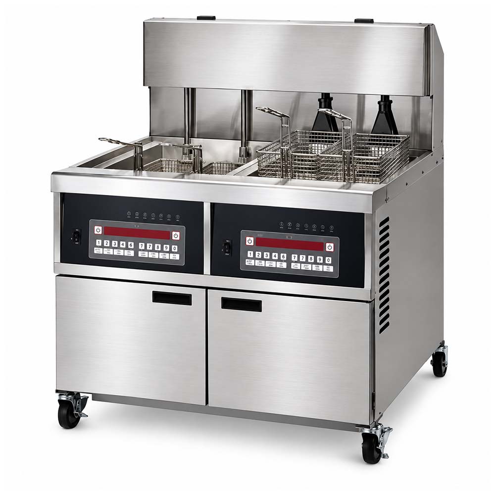 Henny Penny OEA342-0 Electric 80 lb 2-Well Floor Fryer with Auto Lift and Computron 8000 Control