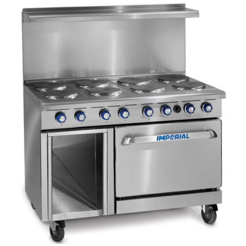 Imperial IR-8-E-XB Pro Series 48" Electric 8 Round Elements Restaurant Range with Standard Oven & Open Cabinet Base - 240V