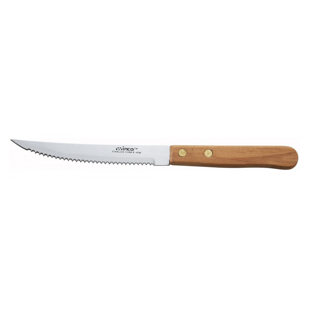 Winco K-45W 4-1/2" Serrated Steak Knife with Wood Handle