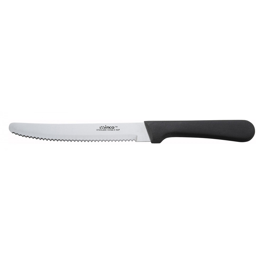 Winco K-50P 5" Stainless Steel Steak Knife with Straight Poly Handle and Blunted Tip - 12/Pack