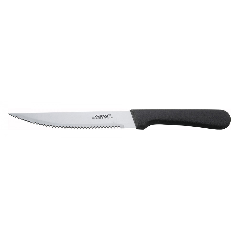Winco K-60P 5" Stainless Steel Steak Knife with Curved Poly Handle and Pointed Tip - 12/Pack