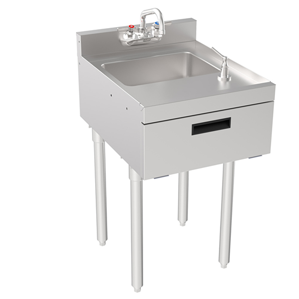 Krowne 18-18ST Silver Series 18"L x 22"D Underbar Sink with Soap and Towel Dispenser Add-On Unit, Four Legs
