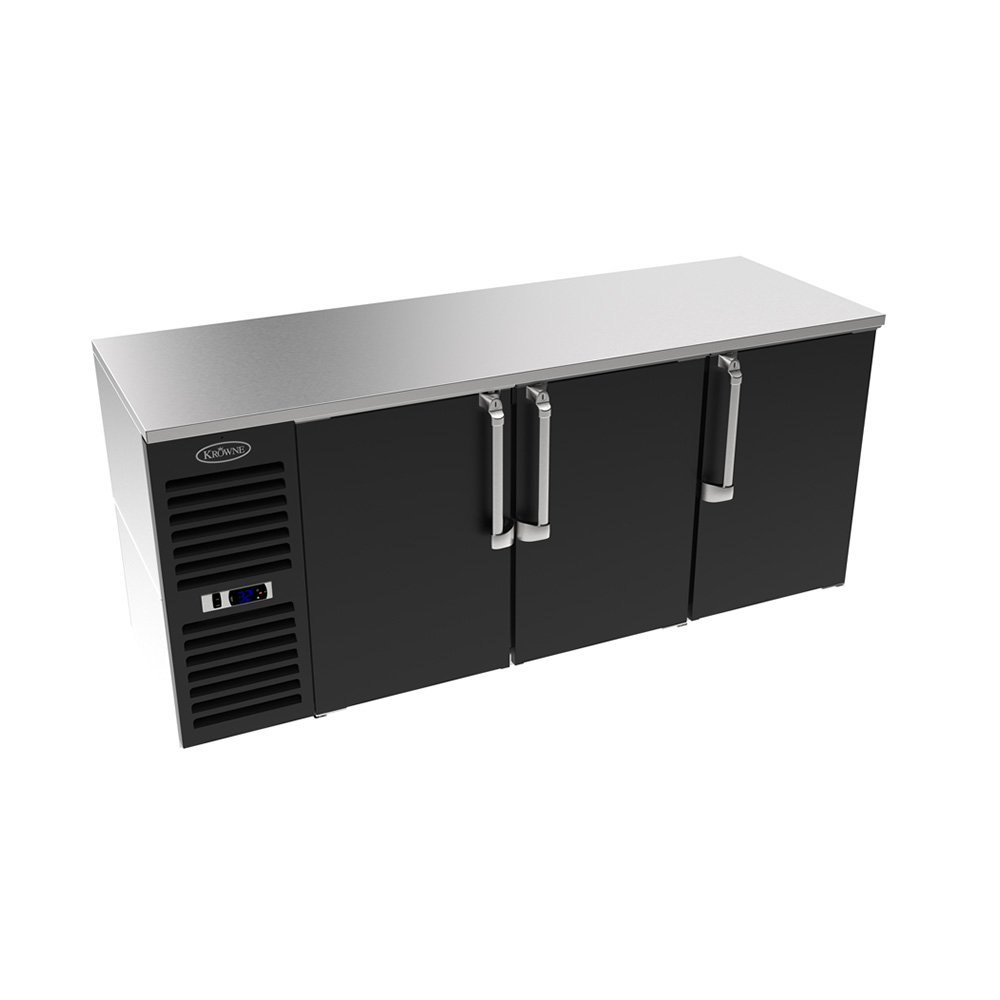 Krowne LS72R-BSS 72" Low Profile Black Solid Door Back Bar Refrigerator with Right Side Compressor and Stainless Steel Top